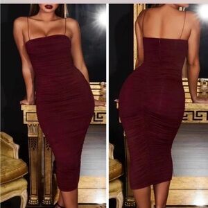 Oh Polly Burgundy Ruched Midi Dress
